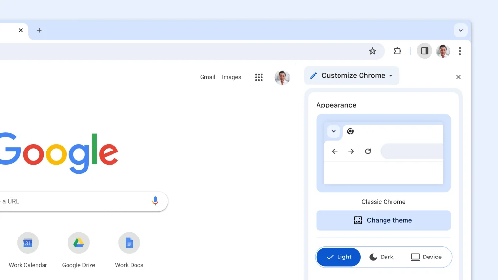 Chrome side panel open to Customize Chrome and showing appearance options